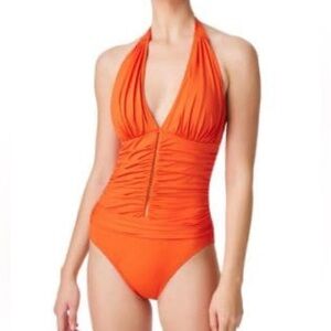 $125 Bleu Rod Beattie Fire Orange Behind the Seams Halter 1 Piece Swimsuit, US4
